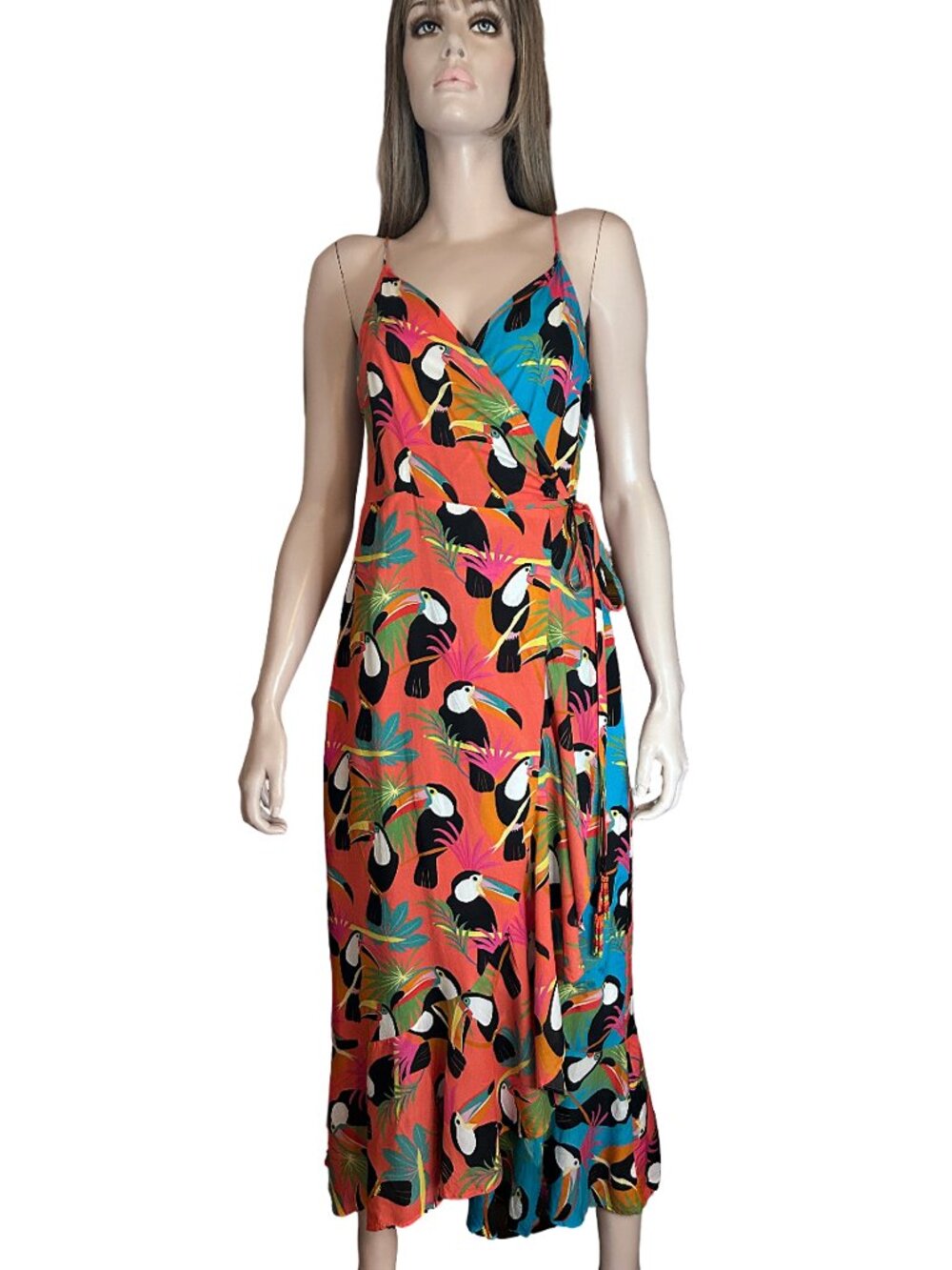 Anthropologie Farm Rio Toucon Wrap Maxi Dress Rayon Flounce Sleeveless - Picture 6 of 15